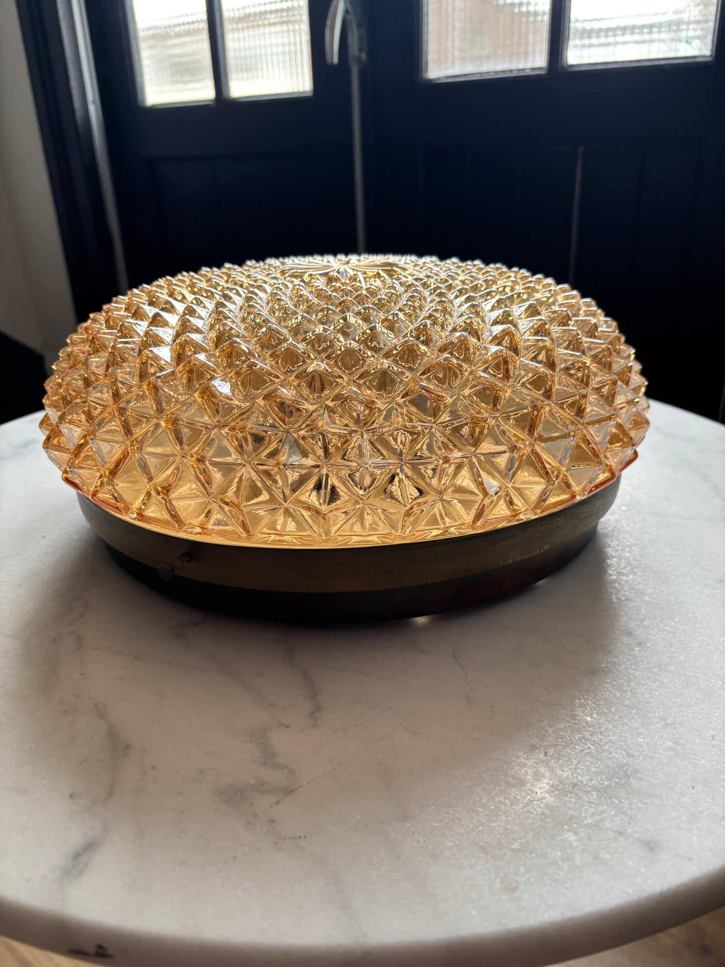 960 - Vintage plafond oranje glazen plafoniere rond diamant vierkant