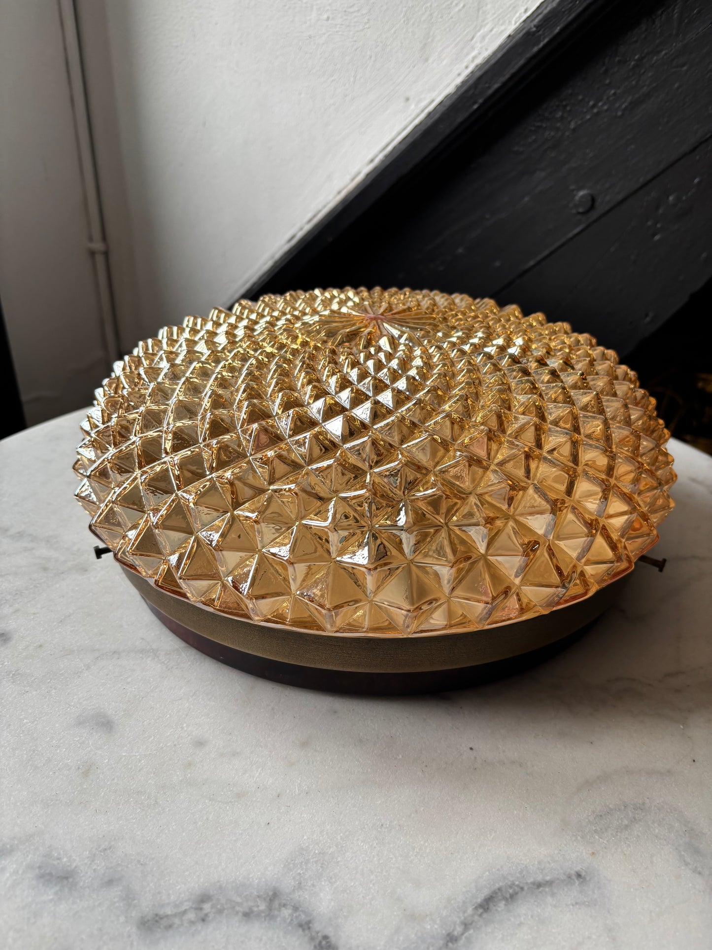 960 - Vintage plafond oranje glazen plafoniere rond diamant vierkant