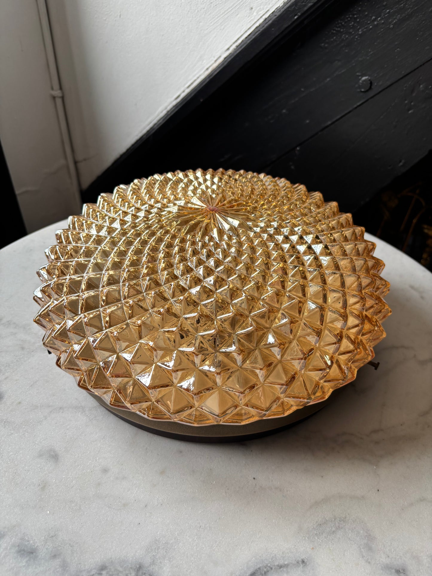 960 - Vintage plafond oranje glazen plafoniere rond diamant vierkant