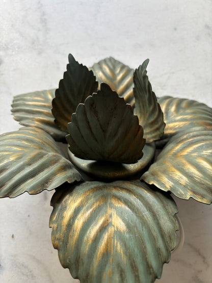 872 - Vintage groen plafonniere masca italy bloem metalen lamp bladeren